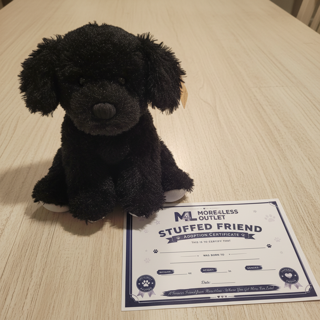 Animal Adventure Black Puppy Plush next to More4less Outlet Stuffed Friend Adoption Certificate gift flat lay - More4less Outlet