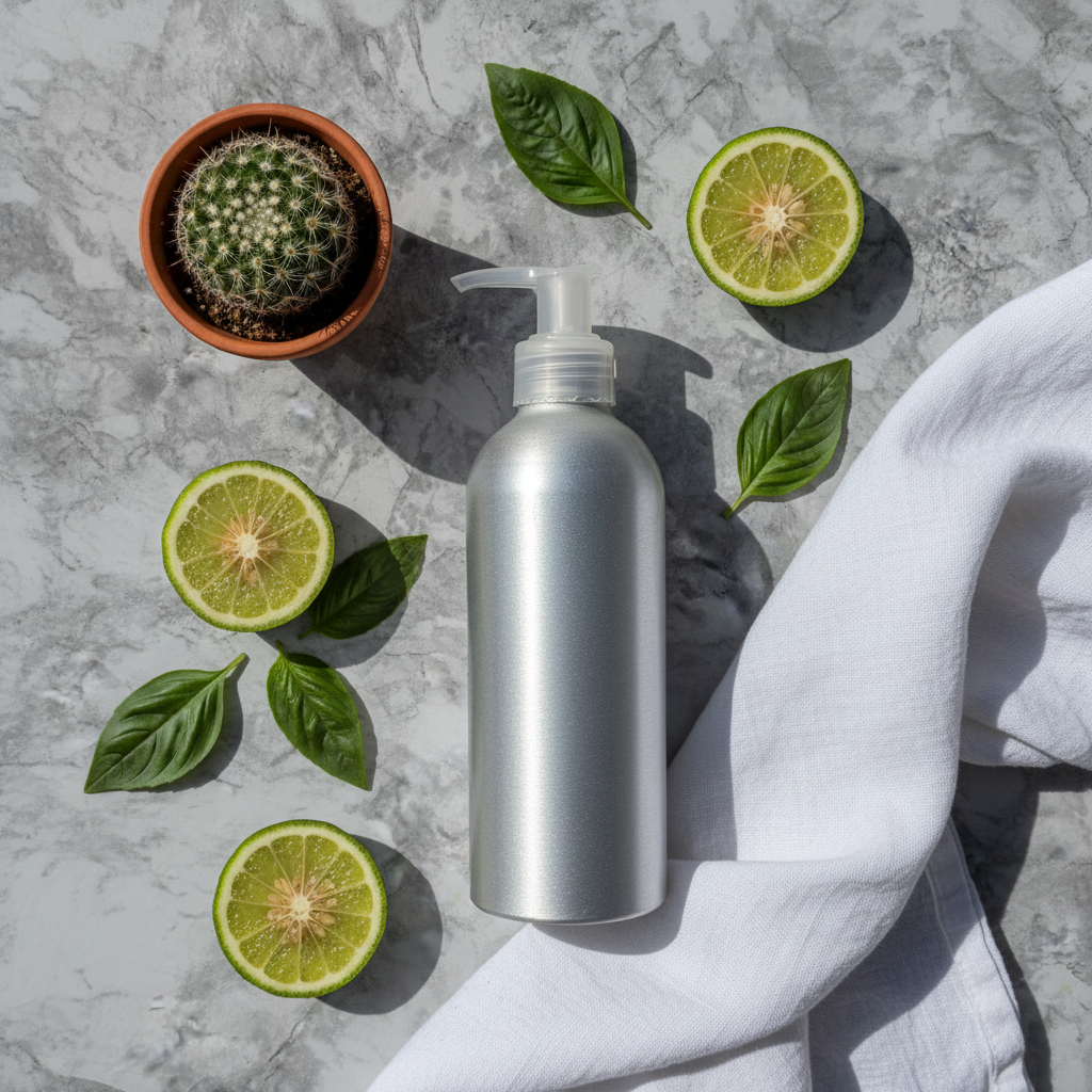 Sustainability-themed self-care flat lay with silver aluminum bottle, bergamot slices, basil leaves, and small cactus on marble