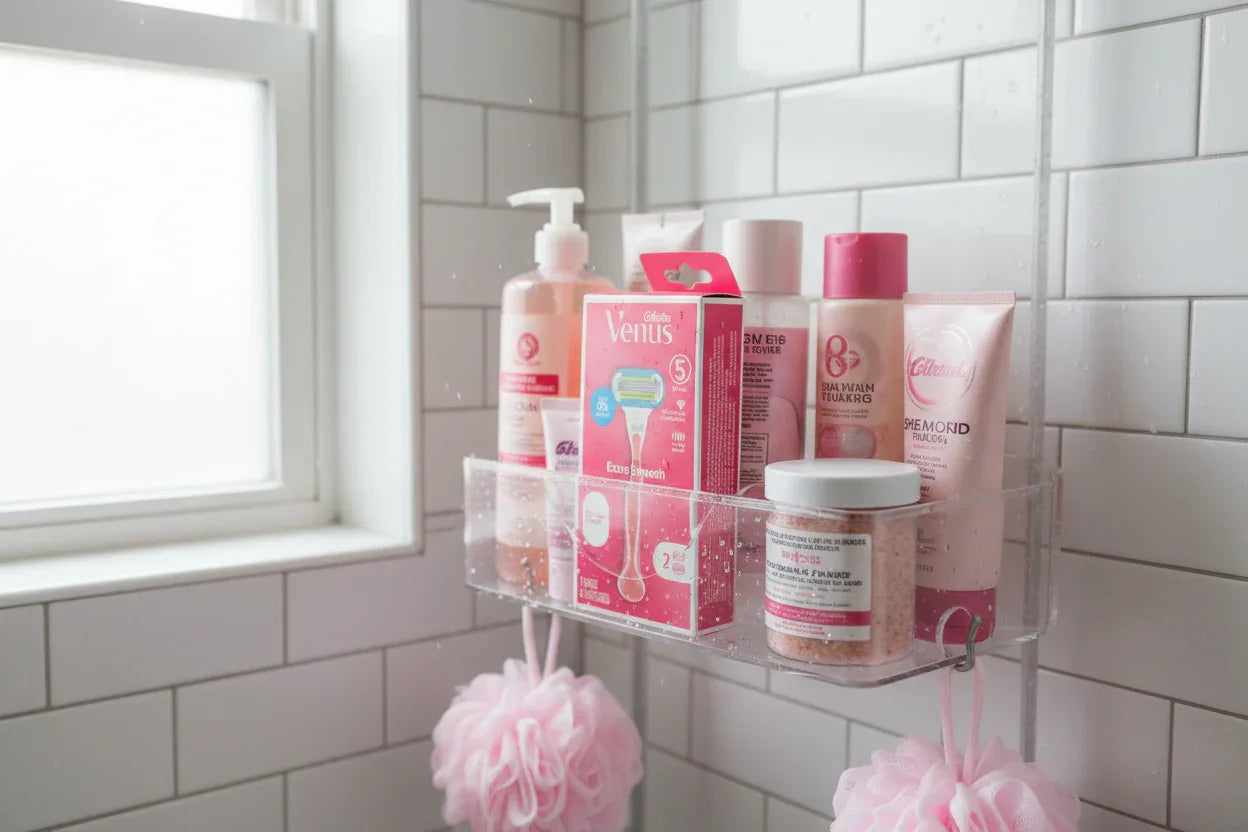 Organized modern shower caddy featuring quality women's personal care products with pink accents