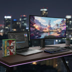 Far Cry 6 Xbox game case on tech desk with open notebook and gaming monitor
