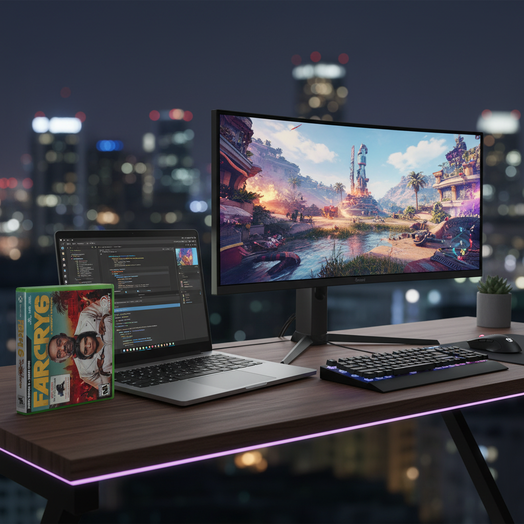 Far Cry 6 Xbox game case on tech desk with open notebook and gaming monitor