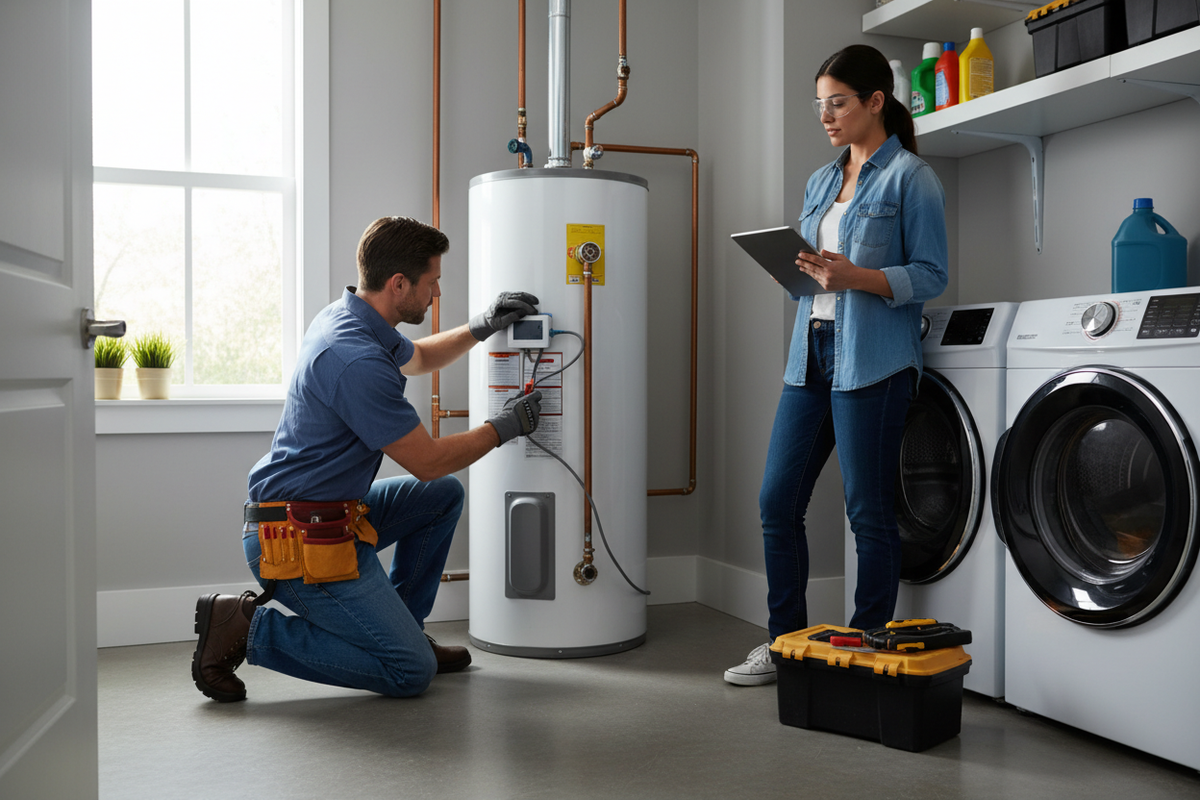 Plumber installing a water heater thermostat in a utility room, home improvement lifestyle photography