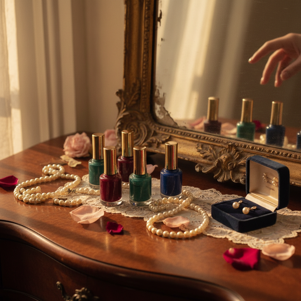 Vintage beauty vanity scene with gold-capped nail polish bottles and antique mirror — Mary Kay Salon Direct collector shades — More4less Outlet