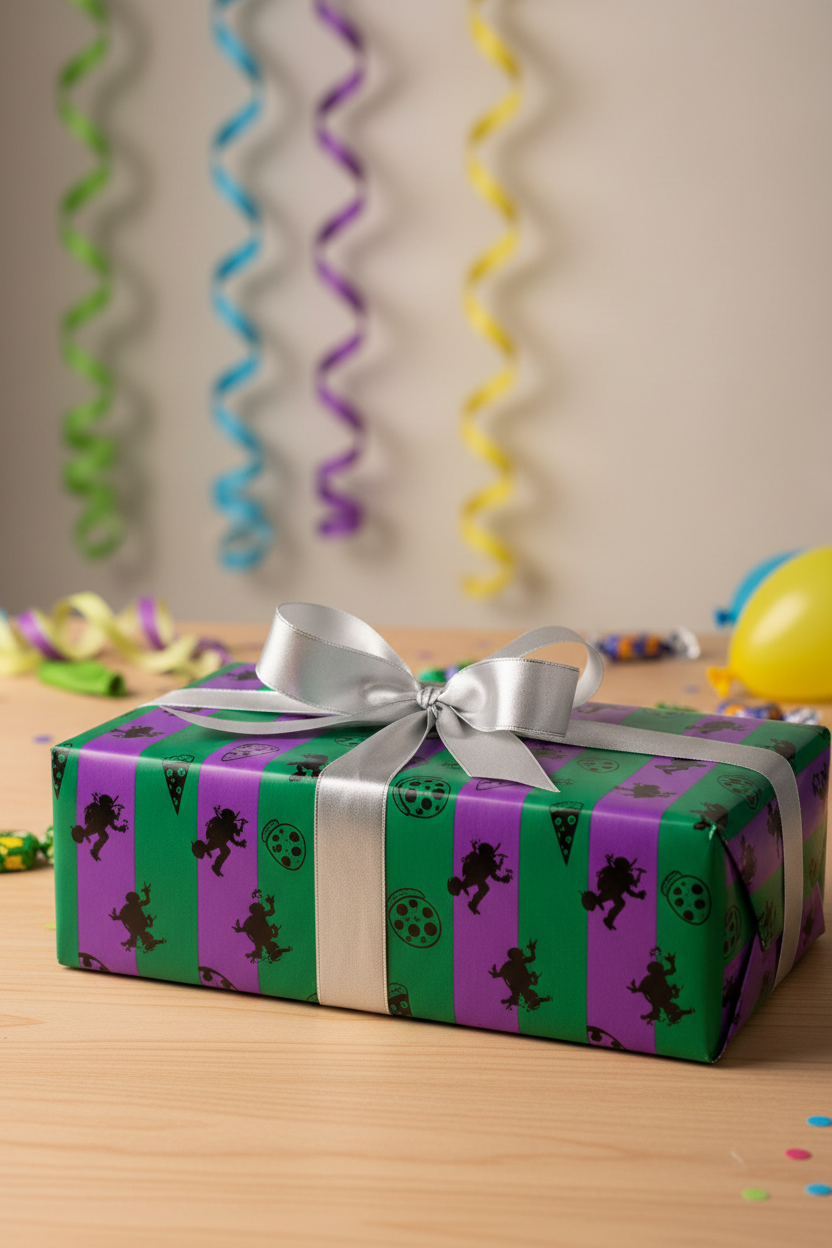 TMNT Mutations Mechazoid 03 in packaging displayed on birthday gift box with green and purple wrapping