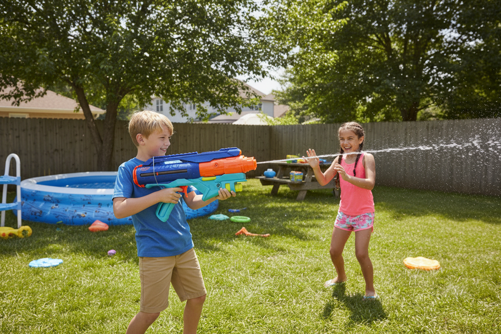 Nerf Super Soaker Power Drench two kids backyard water fight sunny summer day