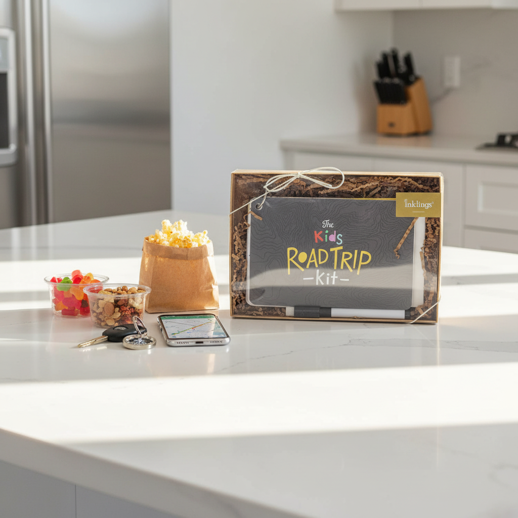 Inklings Paperie Kids Road Trip Kit on sunny white quartz kitchen island next to travel snacks and car keys simulating road trip prep