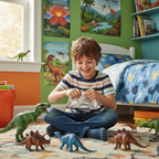 Young boy excitedly peeling open a new toy in a dinosaur-themed bedroom