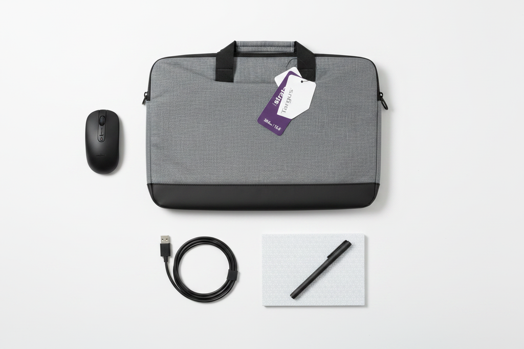Targus Strata grey heather laptop bag in minimalist tech accessories flat lay with wireless mouse and notebook