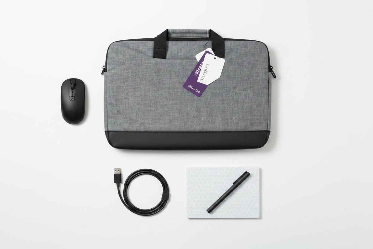Targus Strata grey heather laptop bag in minimalist tech accessories flat lay with wireless mouse and notebook