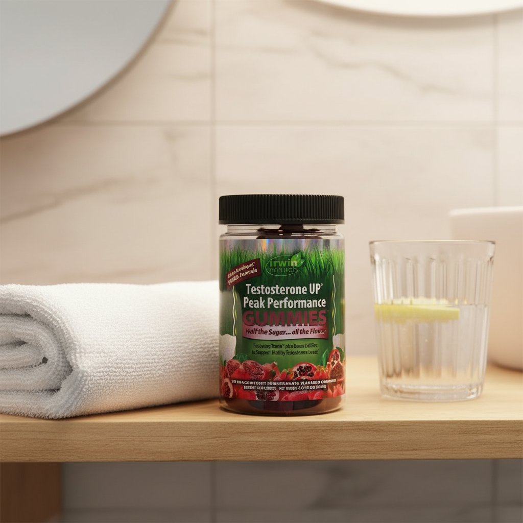 Irwin Naturals Testosterone UP Gummies bottle on light-oak bathroom vanity shelf with folded gym towel and glass water tumbler
