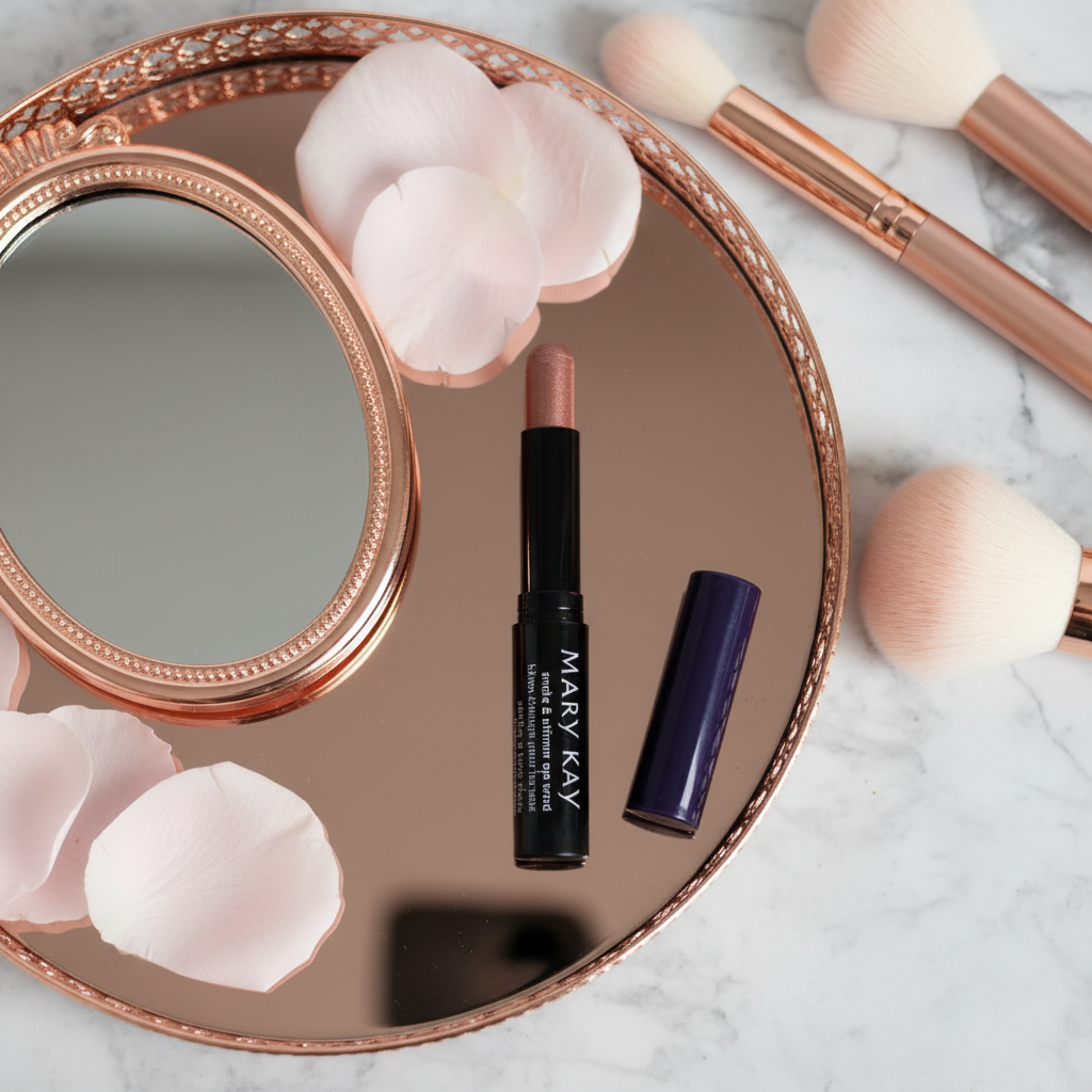 Mary Kay Smoke & Shimmer Eye Wand in Enchanted Mauve — glossy black barrel with dark purple cap, shimmering rose-gold mauve tip twisted up, on a rose-gold vanity tray with makeup brushes and pink rose petals on white marble