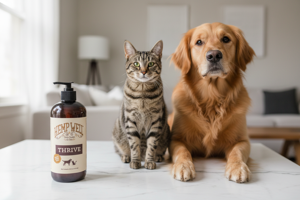Hemp Well Thrive hemp seed oil bottle with golden retriever and tabby cat — organic omega-3 omega-6 supplement for dogs and cats