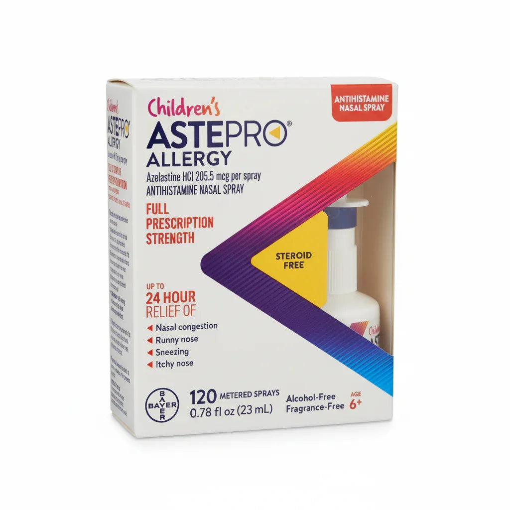 Children's ASTEPRO Allergy nasal spray studio white background lifestyle image