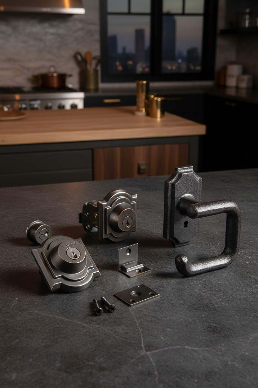 Baldwin Prestige Arch Deadbolt Venetian Bronze on dark slate surface with iron door-pull luxury industrial contrast