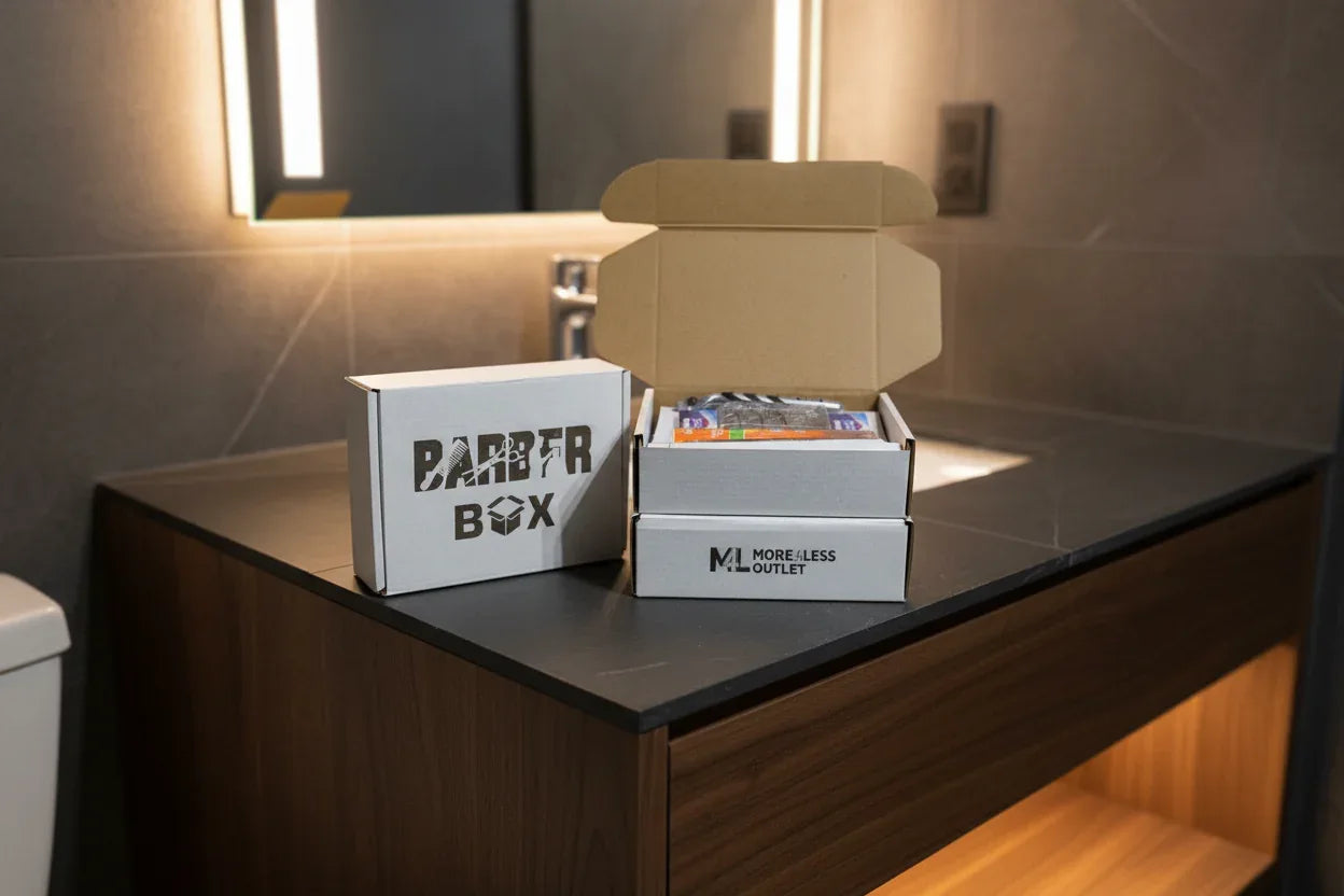 More4less Outlet Barber Box open on dark walnut slate bathroom vanity with warm grooming station lighting — More4less Outlet