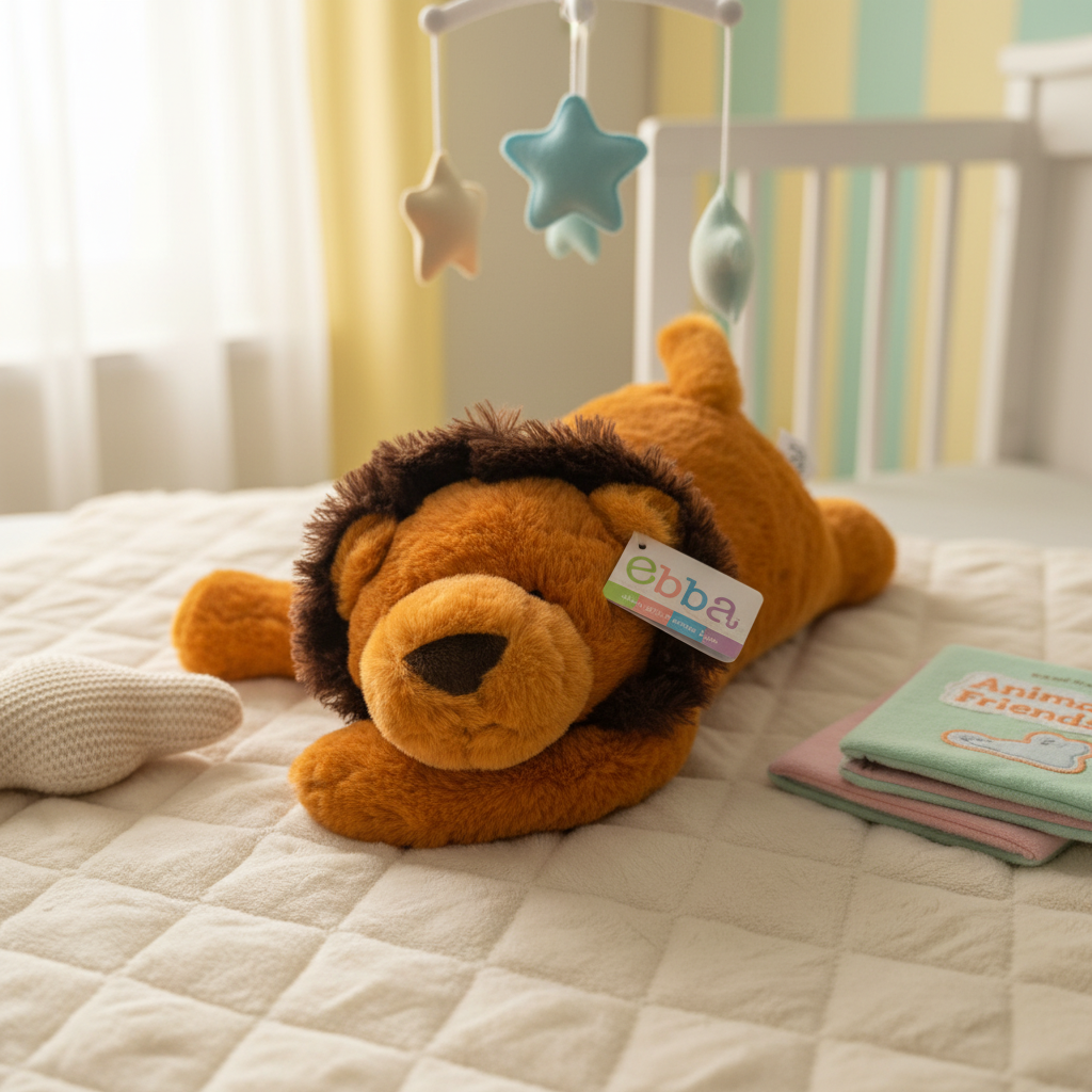 Ebba Baby Lion Plush lying flat on soft nursery blanket surrounded by gentle pastel nursery decor - More4less Outlet