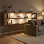 Good Earth LED puck lights accent lighting on living room bookshelf