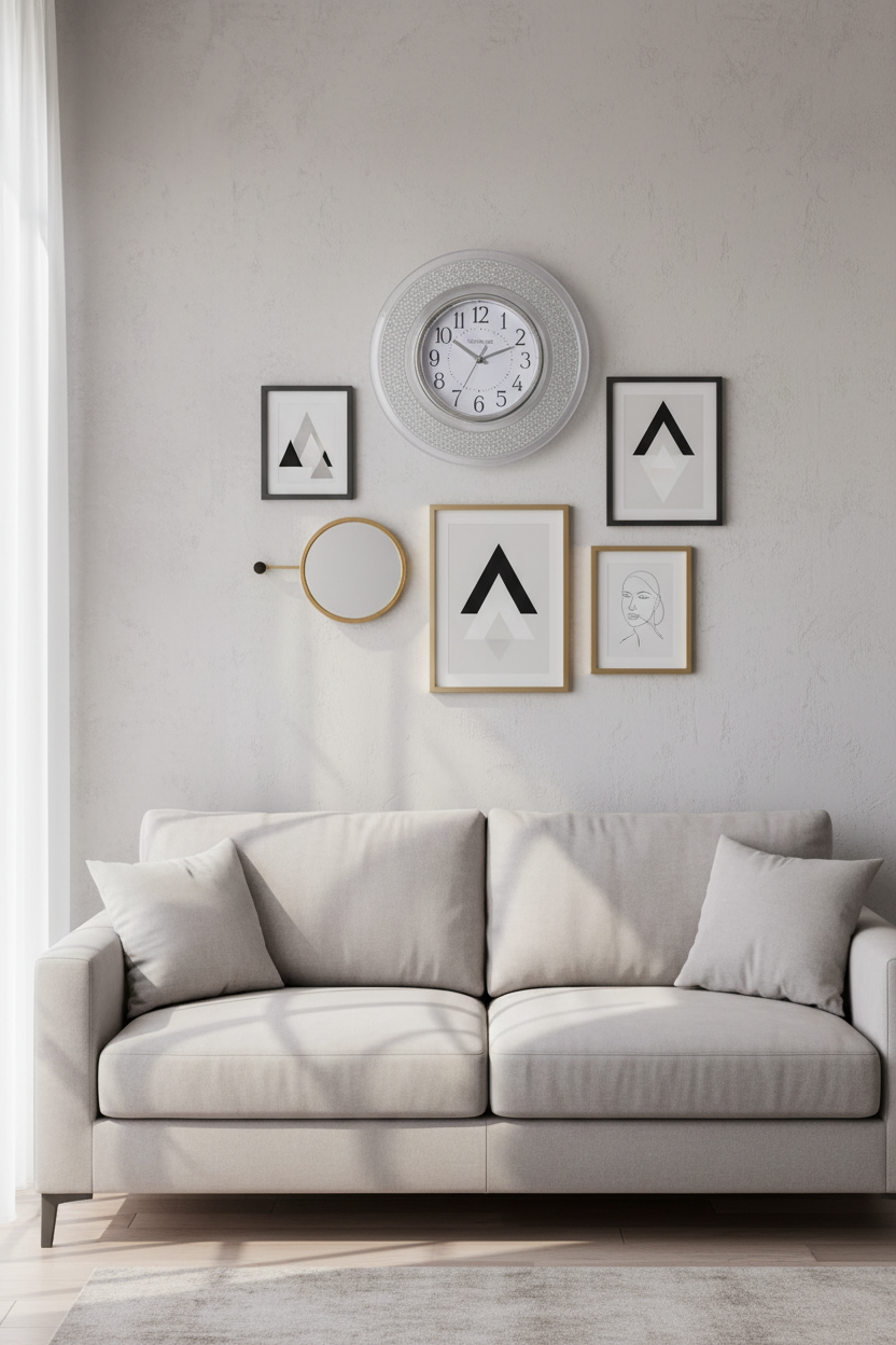 Ingraham 12 inch Silver Glitter Wall Clock mounted above gray living room sofa with wall art — More4less Outlet