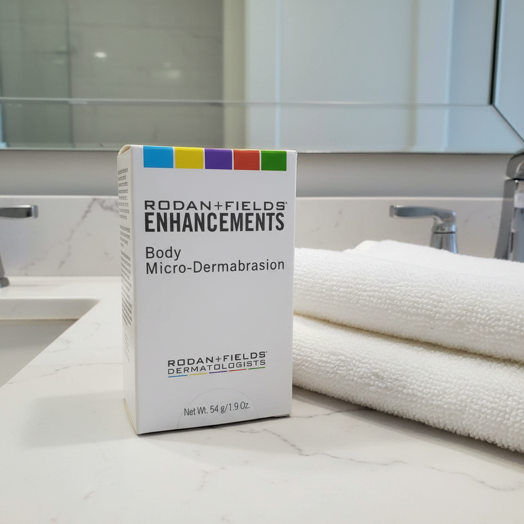 Rodan + Fields ENHANCEMENTS Body Micro-Dermabrasion 1.9 oz package on a bathroom vanity