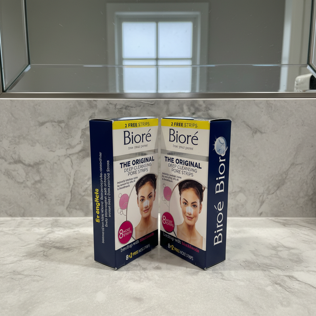 Bioré Original Deep Cleansing Nose Pore Strips two-box bundle on a marble counter beside a plain bathroom mirror
