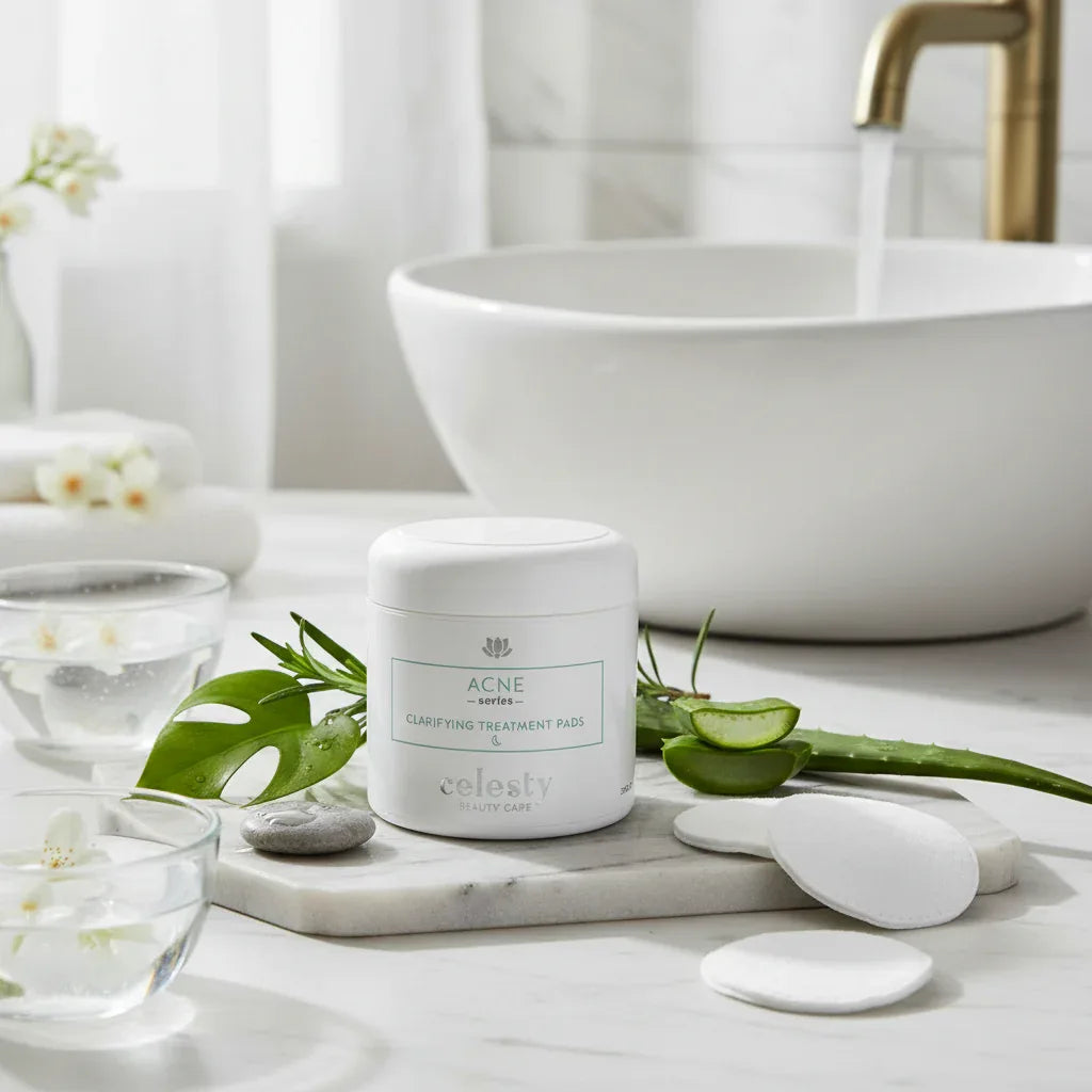 Spa-like setting featuring botanical skincare treatments and fresh water elements with white jar and green plant accents on marble