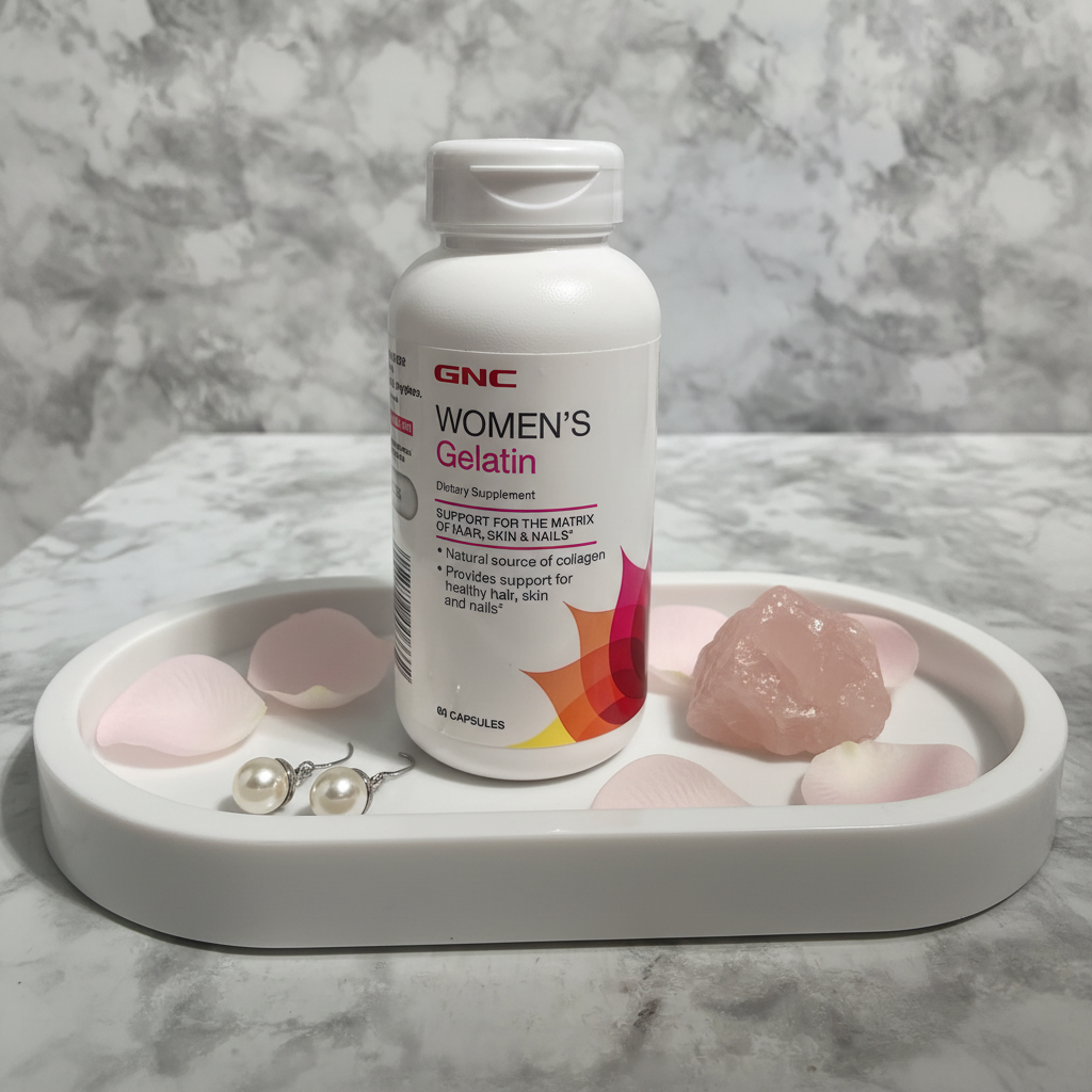 GNC Women's Gelatin on vanity tray with rose quartz crystal and pearl earrings – More4less Outlet