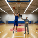 Basketball coach working with young player on shooting mechanics during indoor gym training session