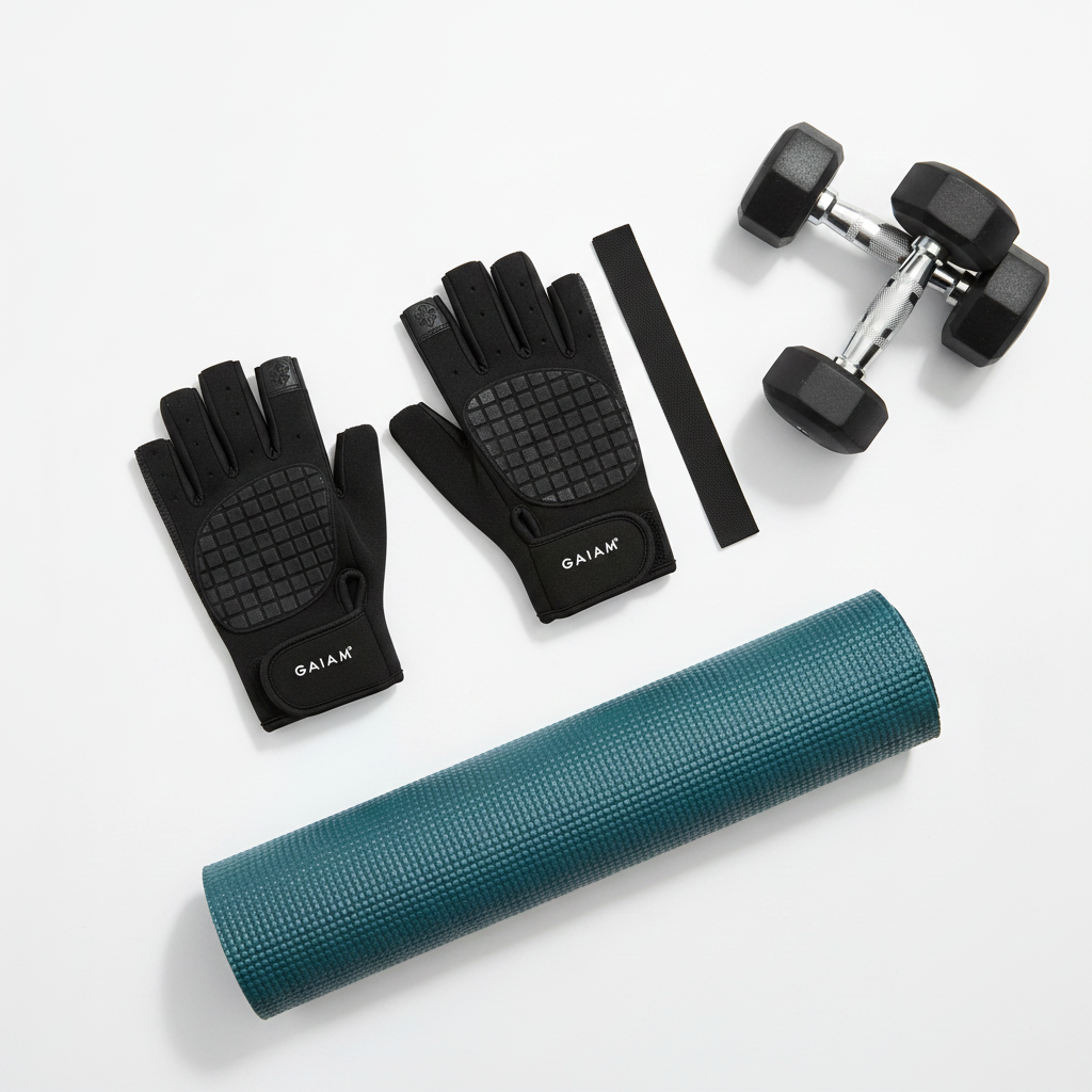 Gaiam black fitness gloves with padded palms laid flat on white gym surface next to dumbbells and yoga mat – More4less Outlet
