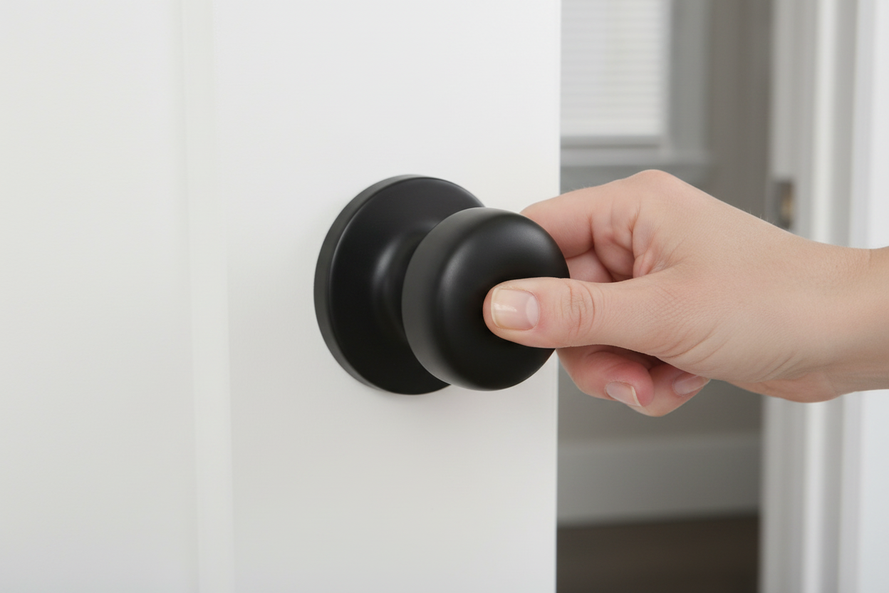 Hand pulling Kwikset Arroyo matte black dummy knob close-up showing round rose plate and smooth finish - More4less Outlet