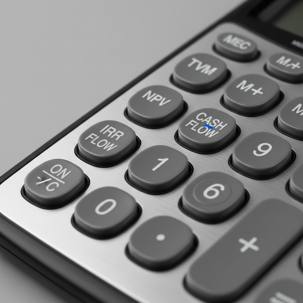 Close-up of professional financial calculator keypad showing TVM NPV IRR and cash flow function keys clean studio lighting product detail