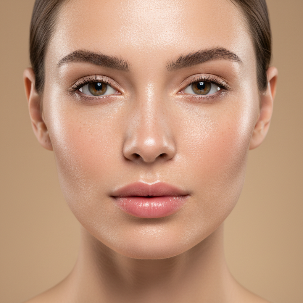 Close-up of a woman's clean, dewy, makeup-free glowing skin after cleansing