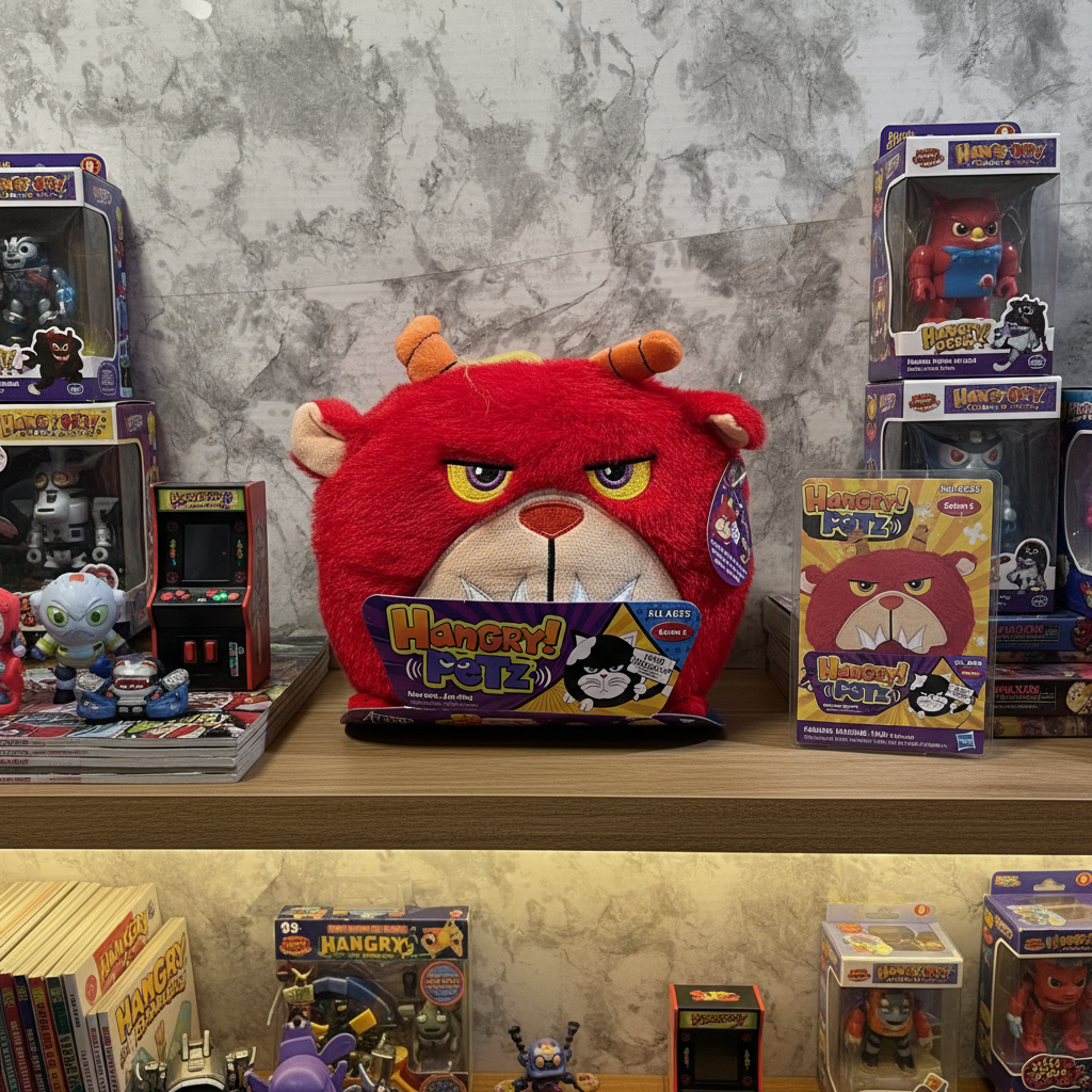 Jay at Play Hangry Petz Rogue Red Monster on collector shelf next to other toys and Series 1 card - More4less Outlet
