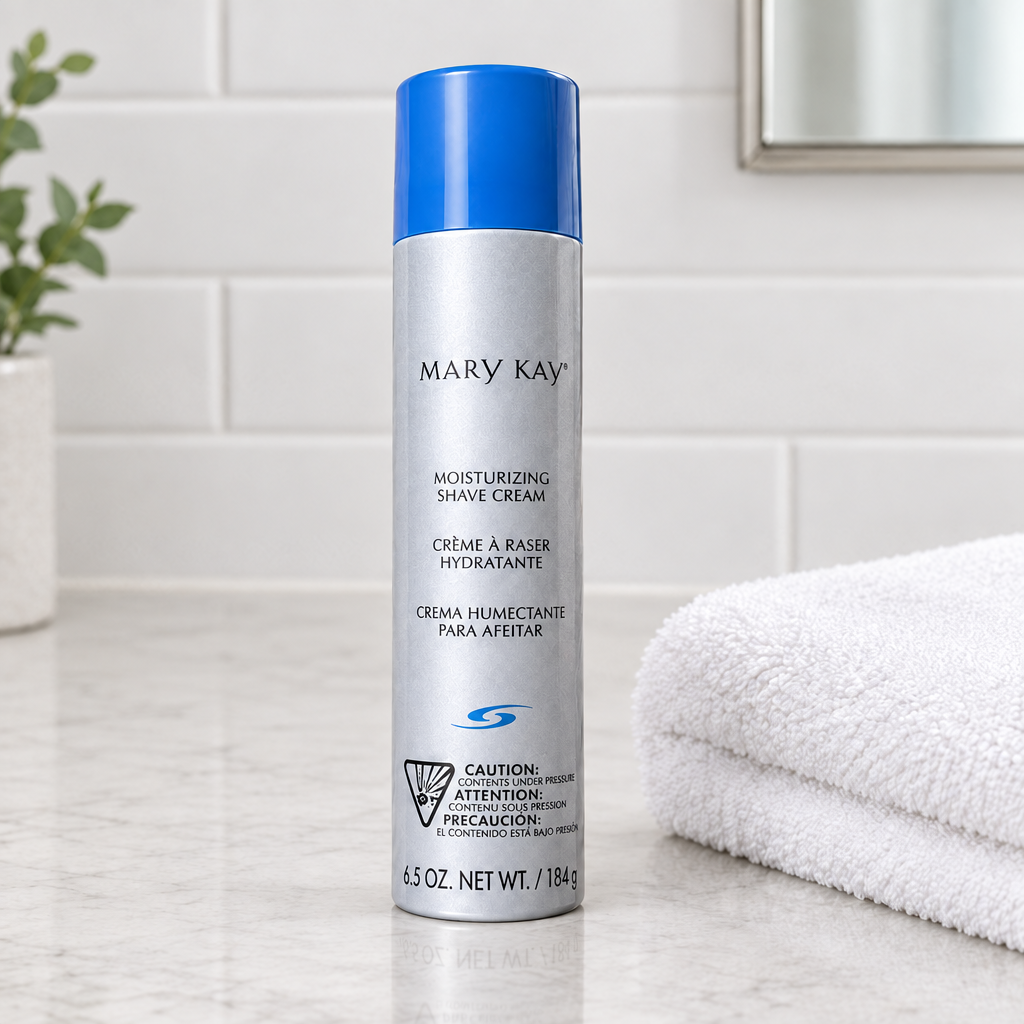 AI lifestyle image of Mary Kay Moisturizing Shave Cream 6.5 oz can beside white towel