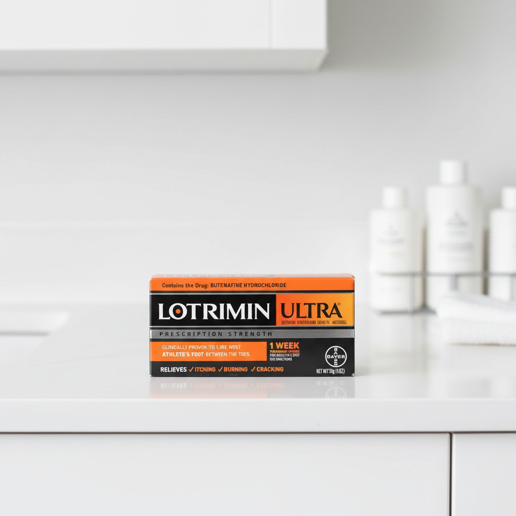 Lotrimin Ultra Athlete's Foot Cream box displayed upright on white surface with bathroom shelf backdrop