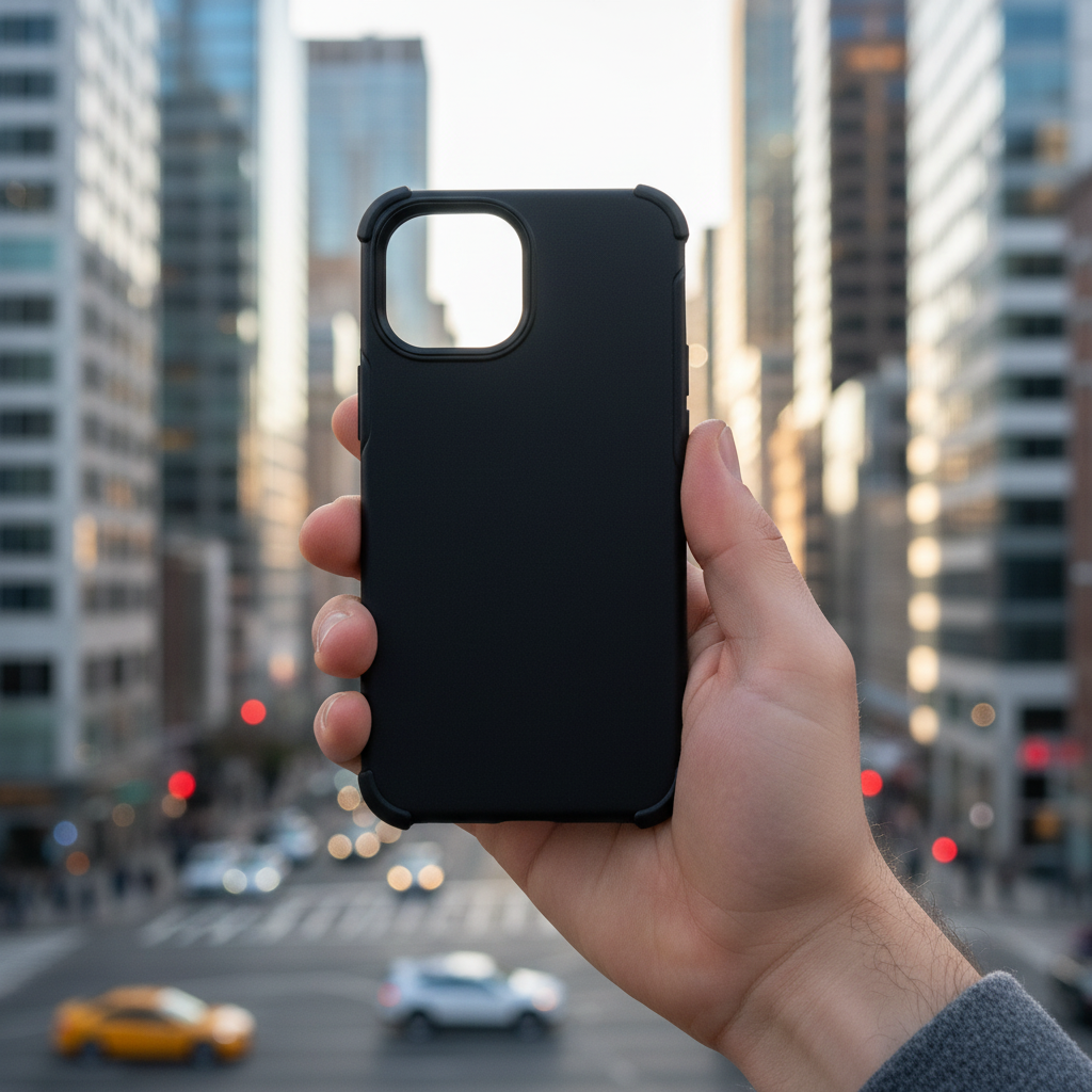 Person using iPhone 13 Mini with black OtterBox Symmetry case to take photos on urban city street