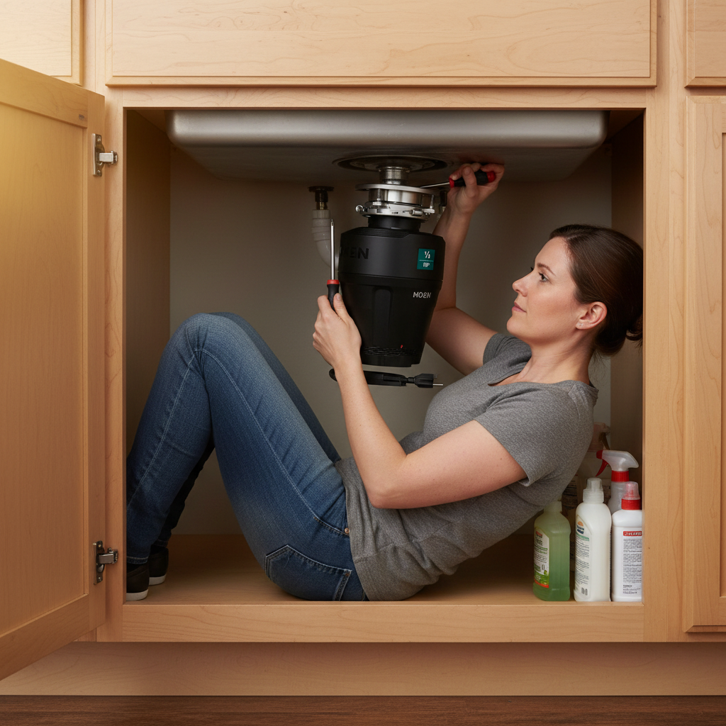 Homeowner installing garbage disposal mounting ring under kitchen sink cabinet with screwdriver