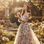 Lifestyle image — elegant woman in floral dress spritzing perfume on wrist in sunlit garden, romantic dreamy lifestyle editorial for visual context only