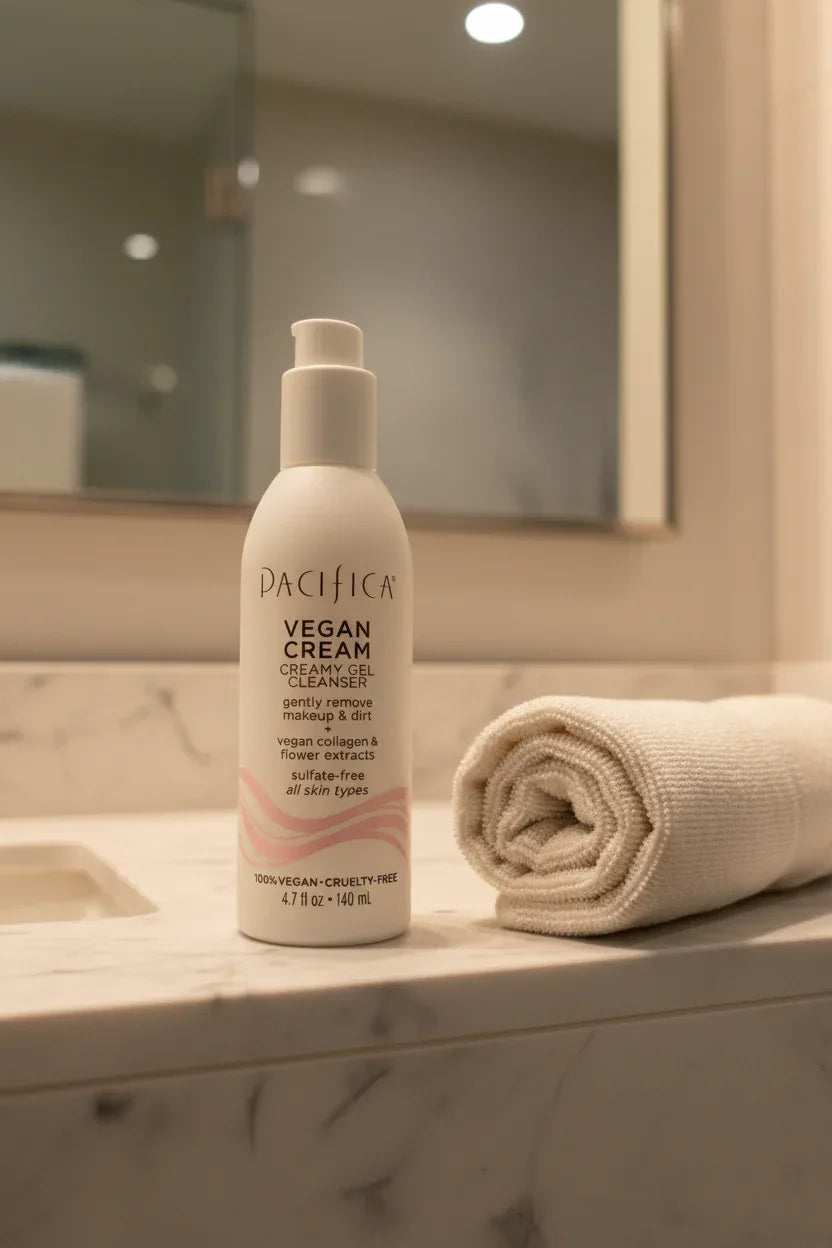 Pacifica Vegan Cream Gel Cleanser on marble vanity shelf with rolled cotton face towel — More4less Outlet