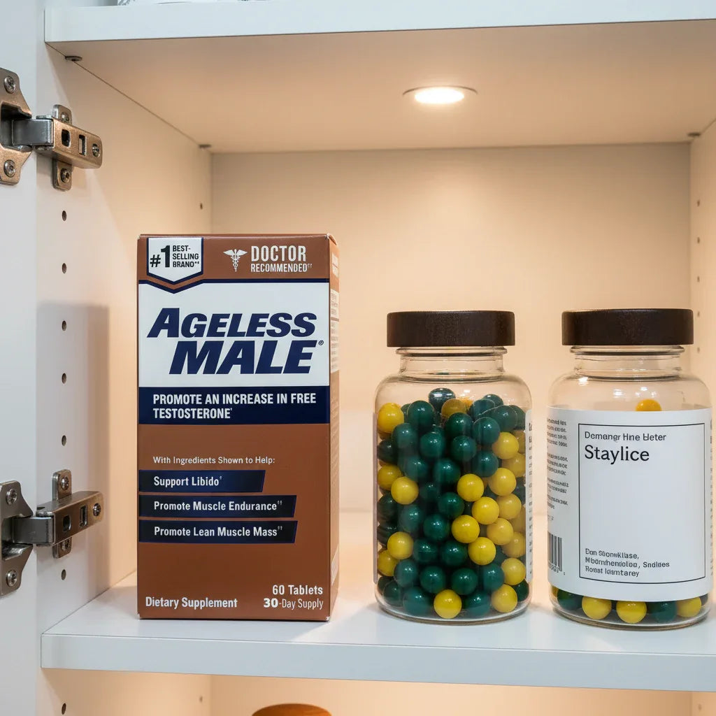 Ageless Male Testofen box inside organized medicine cabinet pantry with high-transparency supplement bottles under soft recessed interior lighting
