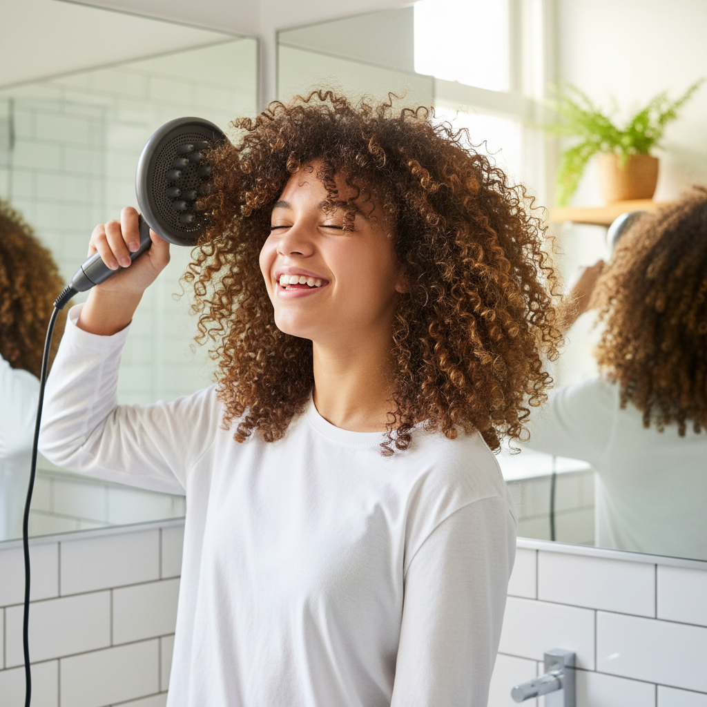 Teenage girl with defined curly hair diffusing hair with hair dryer in bright bathroom happy lifestyle photo