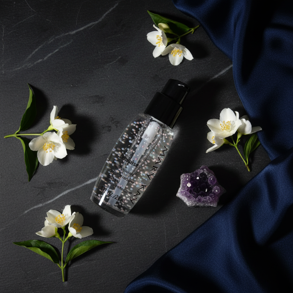 Flat lay of Mary Kay TimeWise Night Solution with jasmine flowers and amethyst crystal on dark slate