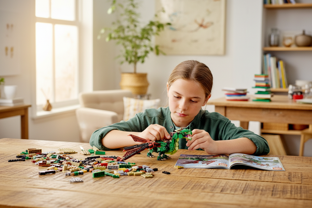 Child building LEGO Creator 31161 Medieval Dragon at a wooden table with bricks spread out