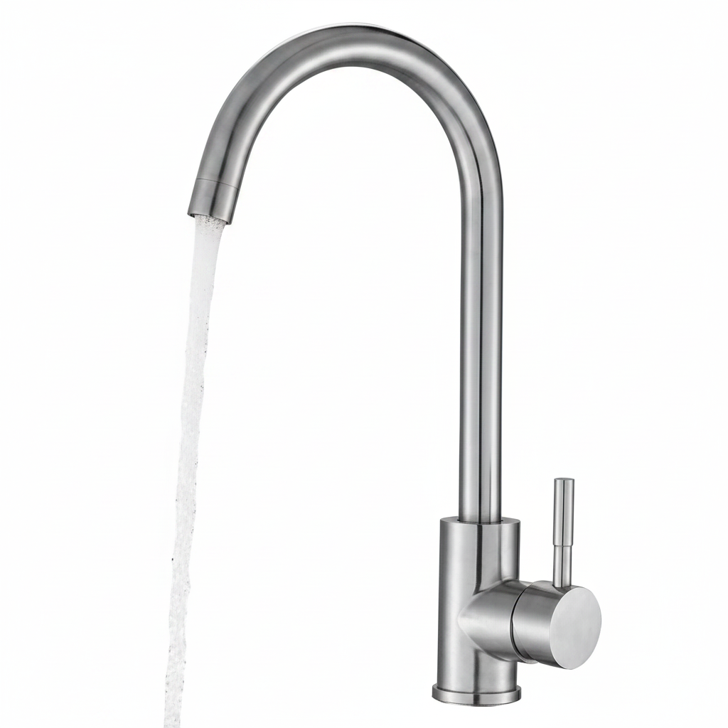 Lordear modern high arc brushed nickel bathroom faucet close-up showing water flowing from tall goose-neck spout