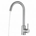Lordear modern high arc brushed nickel bathroom faucet close-up showing water flowing from tall goose-neck spout