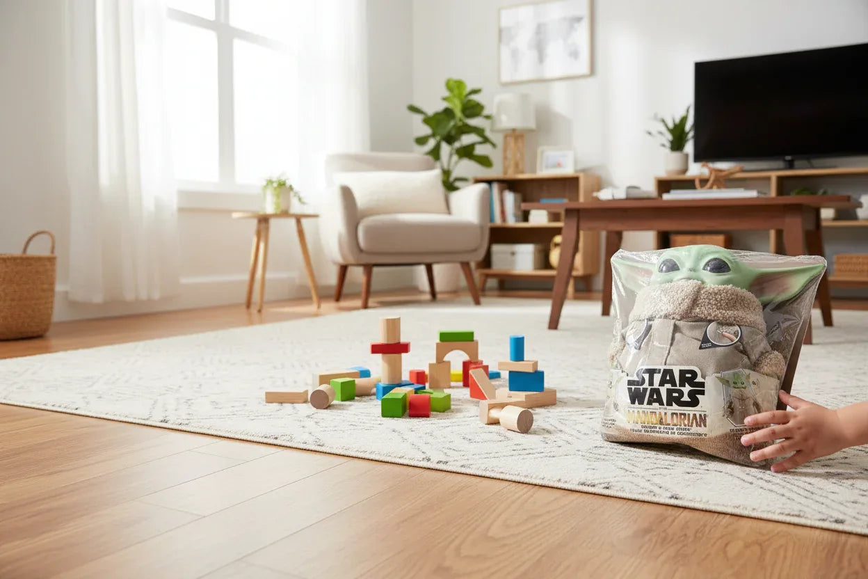 Star Wars Mandalorian Grogu plush in action playtime scenario in bright living room near building blocks on area rug