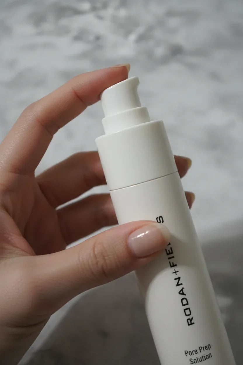 In-hand close-up of Rodan + Fields Pore Prep Solution 1 fl oz pump dispenser detail