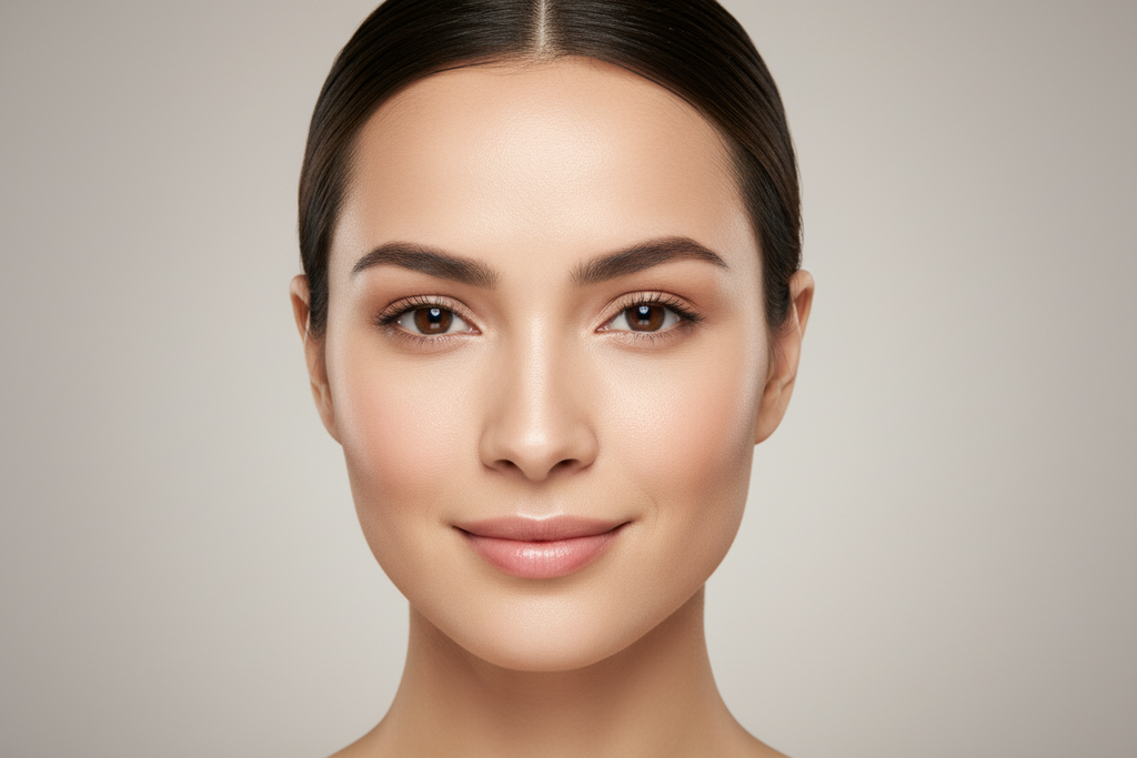 Close-up of smooth balanced shine-free skin with minimized pores and healthy natural glow - toner result