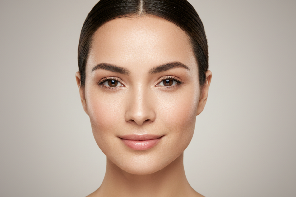 Close-up of smooth balanced shine-free skin with minimized pores and healthy natural glow - toner result