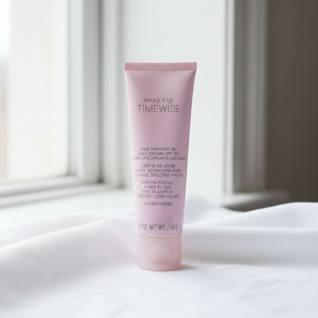 Mary Kay TimeWise Age Minimize 3D Day Cream SPF 30 beside bright window with natural daylight white linen – More4less Outlet