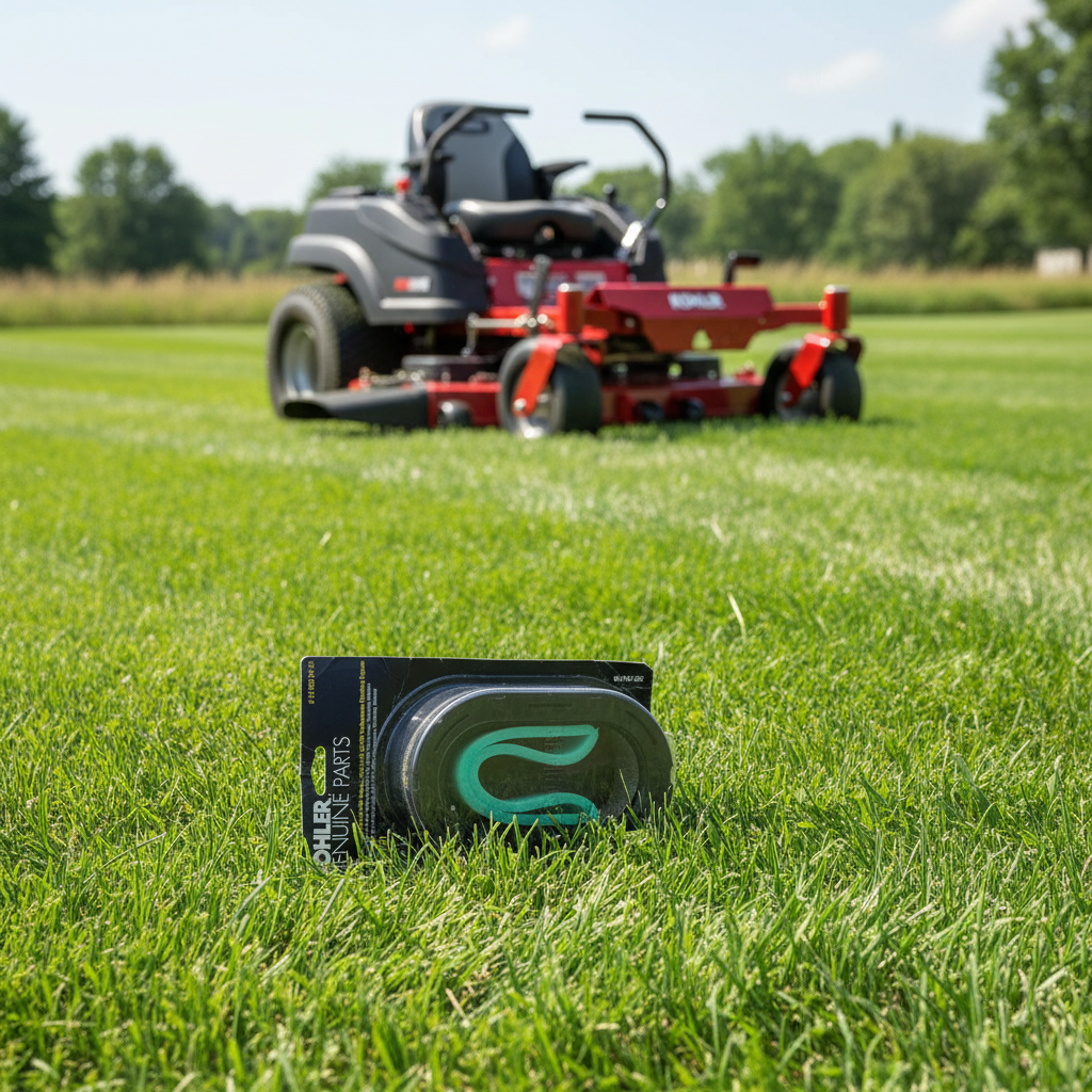 Zero-turn riding lawn mower cutting lush green lawn with Kohler Genuine Parts Air Filter displayed in foreground